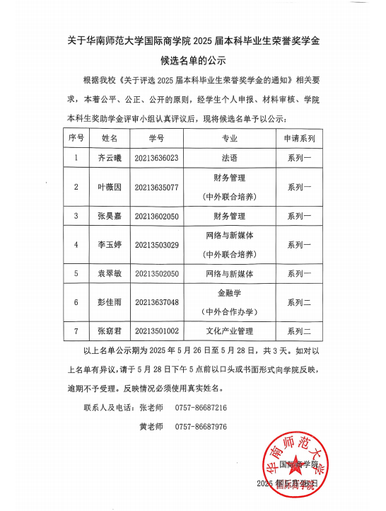 国际商学院2025届本科毕业生荣誉奖学金候选名单公示