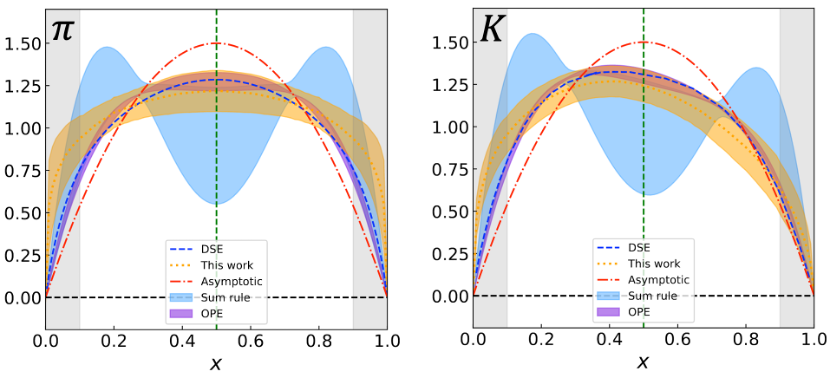图2格点QCD基于大动量有效理论对π介子（左图）和K介子（右图）的光锥分布振幅作出的预言.png