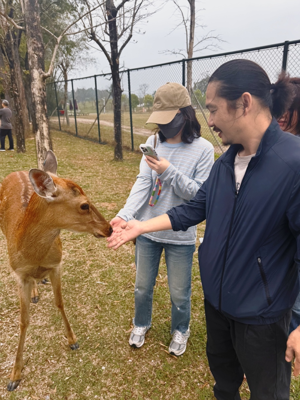 男人和女人在草地上站着羊 描述已自动生成